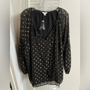 NWT, Crown and Ivy, Pheasant Style Tunic Shirt, 3X, Black with Gold Detailing.